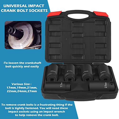 Sunluway 1/2" Drive Crank Bolt Socket Set, 17MM, 19MM, 21MM, 22MM, 24MM 27MM, Harmonic Balancer Socket Set, Crank Bolt Removal Tool, 3 Times Momentum Power of Standard Impact Socket Set, Deep Impact Socket Set - Image 2