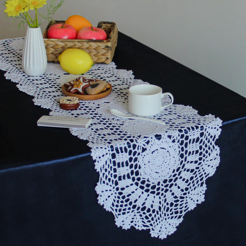 kilofly Handmade Crochet Lace Rectangular Table Runner 11 x 43 Inch  White - Image 3