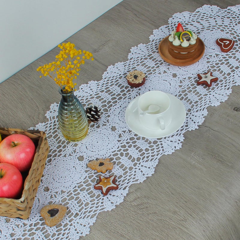 kilofly Handmade Crochet Lace Rectangular Table Runner 11 x 43 Inch  White - Image 4