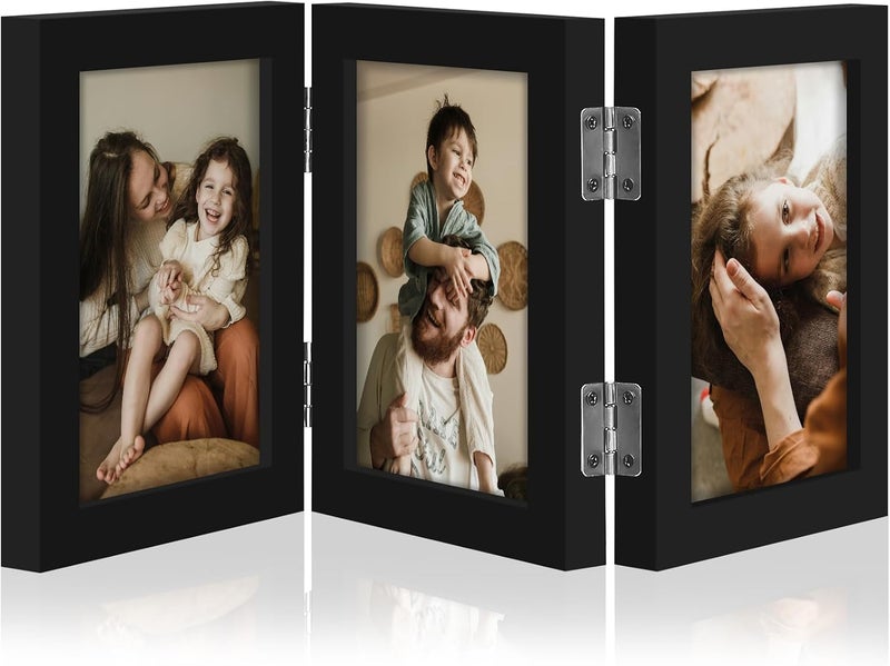 decorUhome Triple 3.5x5 Picture Frame Vertical, Engineered Wood Trifold Photo Frame with Plexiglass for Tabletop Display, 3.5x5,Black - Image 1