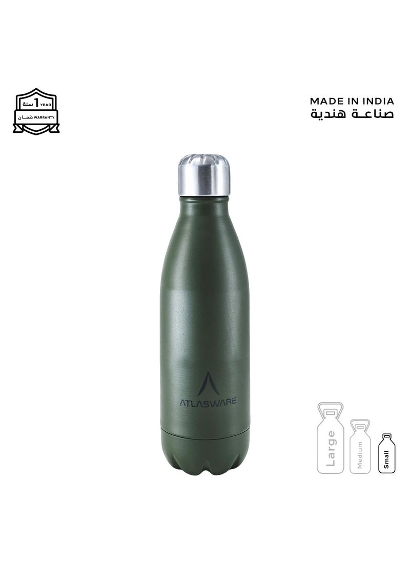 Atlasware - Water Bottle with a Capacity of 350 ml, Stainless Steel Water Bottle that keeps Cold for 34 Hours and Keeps Heat for 12 Hours, Army Green - Image 1