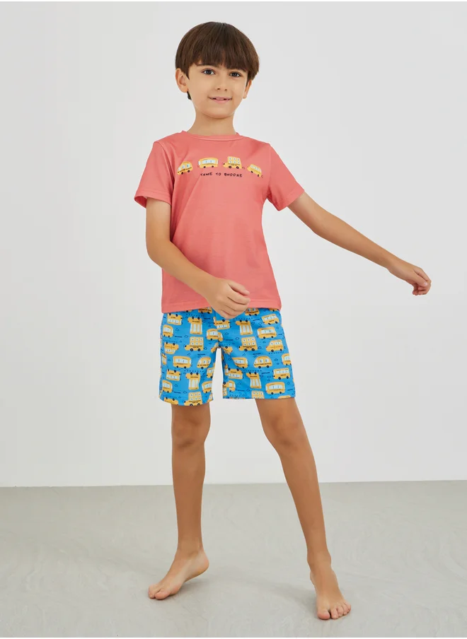 ستايلي Styli Graphic Print Round Neck T-Shirt and Shorts Pyjama Set
