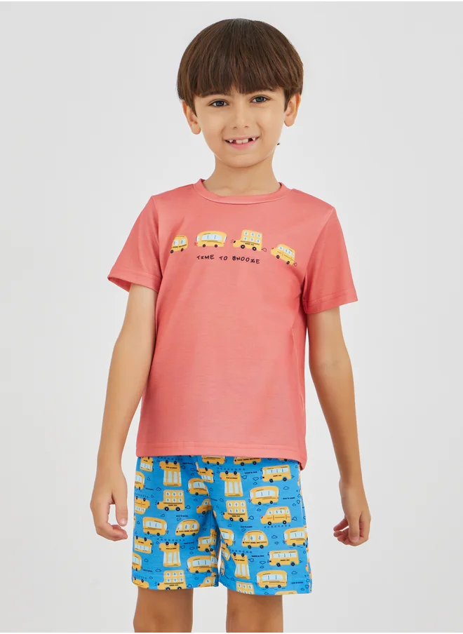 ستايلي Styli Graphic Print Round Neck T-Shirt and Shorts Pyjama Set