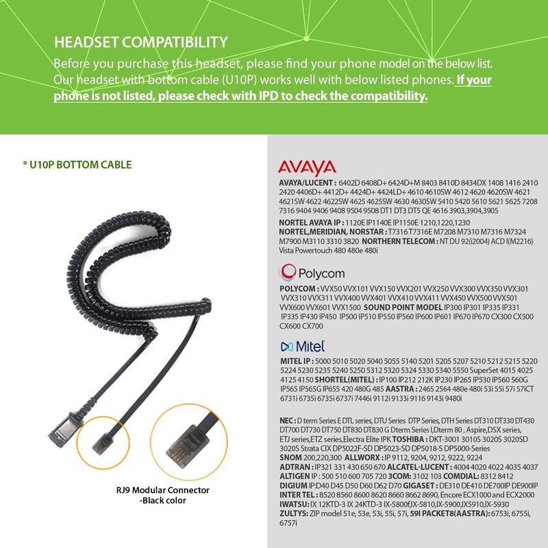 IPD Phone Headset for Office and Call Center Wired QD to RJ9, IPH-215 binaural-Compatible with Polycom VVX,Avaya,Nortel,NEC,Fanvil,Mitel landline Phones - Image 4