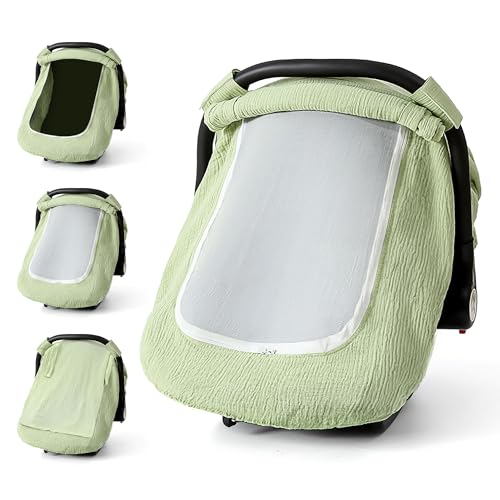 C COMCROSFLY Muslin Cotton Car Seat Cover Baby Universal Fit Carseat Cover for Baby Infant Car Seat Cover with Mesh Peep Window Baby Car Seat Cover for Carrier Stroller High Chair Shopping Cart Green - Image 1