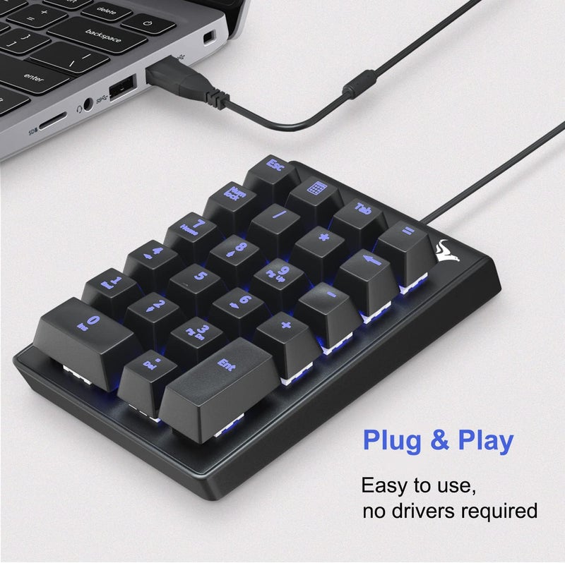 Rottay Number Pad, Mechanical USB Wired Numeric Keypad with Blue LED Backlit 22 Key Numpad for Laptop Desktop Computer PC Black (Blue switches) - Image 3