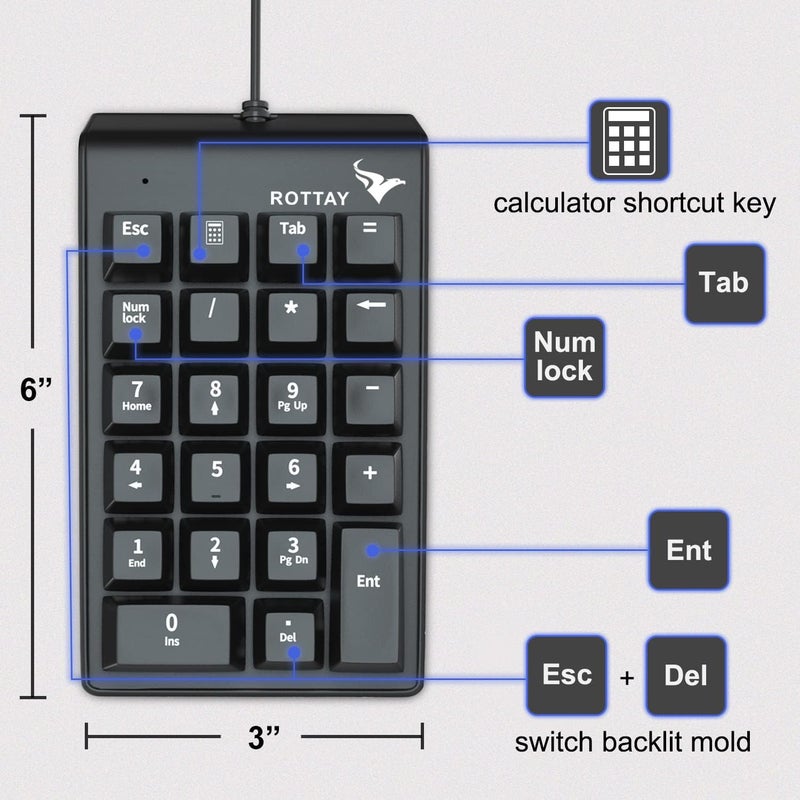 Rottay Number Pad, Mechanical USB Wired Numeric Keypad with Blue LED Backlit 22 Key Numpad for Laptop Desktop Computer PC Black (Blue switches) - Image 5