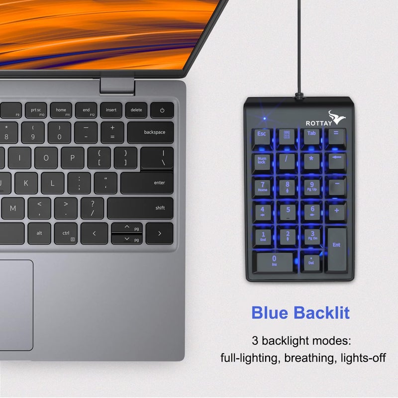 Rottay Number Pad, Mechanical USB Wired Numeric Keypad with Blue LED Backlit 22 Key Numpad for Laptop Desktop Computer PC Black (Blue switches) - Image 2
