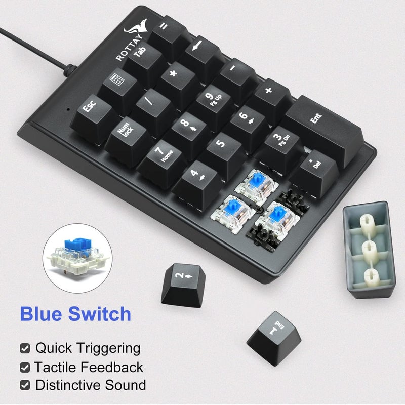Rottay Number Pad, Mechanical USB Wired Numeric Keypad with Blue LED Backlit 22 Key Numpad for Laptop Desktop Computer PC Black (Blue switches) - Image 4