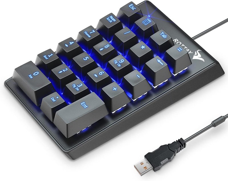 Rottay Number Pad, Mechanical USB Wired Numeric Keypad with Blue LED Backlit 22 Key Numpad for Laptop Desktop Computer PC Black (Blue switches) - Image 1