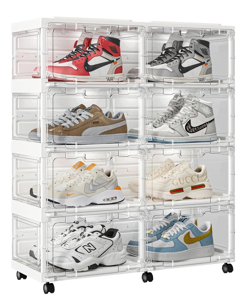 ANTBOX ANTBOX Shoe Storage Box with Light and Wheels 8 Pairs2 Rows Sneaker Organizer Transparent Door and Sides Plastic Shoe Crates Waterproof Shoe Rack Cover Shoe Rack for Home Closet Organizer 