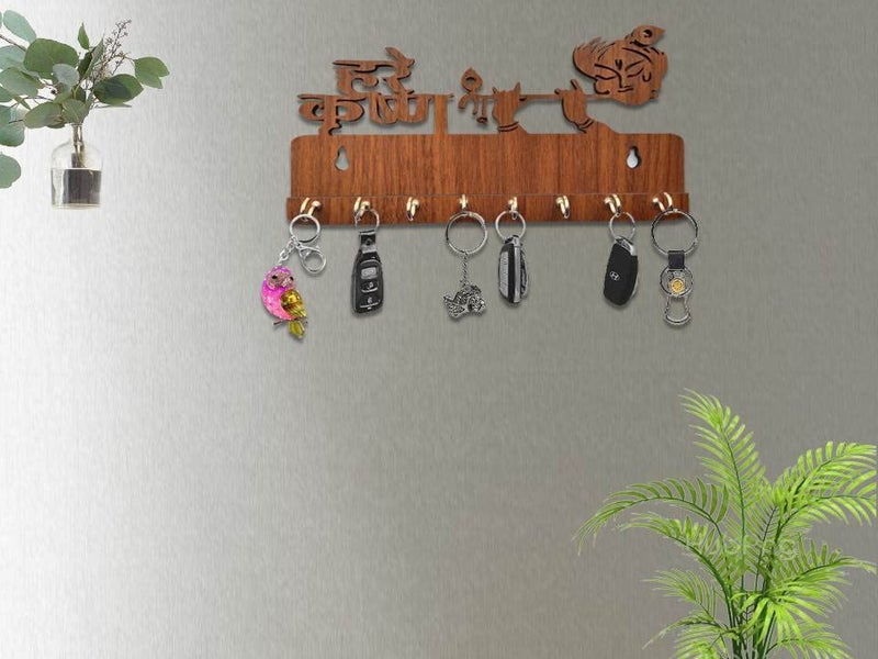 My Dream Carts Hare Krishna Key Holder for Home Wall Wooden Key Hanger Decorative Key Organizer Handcrafted Key Holders Key Chain Hanger for Wall Decoration Key Stand Lord Shree Krishna Flute 8 Hooks - Image 4