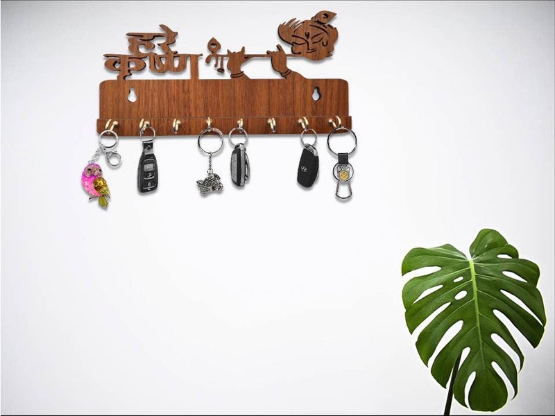 My Dream Carts Hare Krishna Key Holder for Home Wall Wooden Key Hanger Decorative Key Organizer Handcrafted Key Holders Key Chain Hanger for Wall Decoration Key Stand Lord Shree Krishna Flute 8 Hooks - Image 5