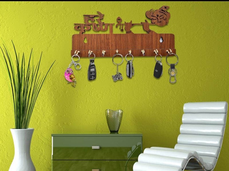My Dream Carts Hare Krishna Key Holder for Home Wall Wooden Key Hanger Decorative Key Organizer Handcrafted Key Holders Key Chain Hanger for Wall Decoration Key Stand Lord Shree Krishna Flute 8 Hooks - Image 2