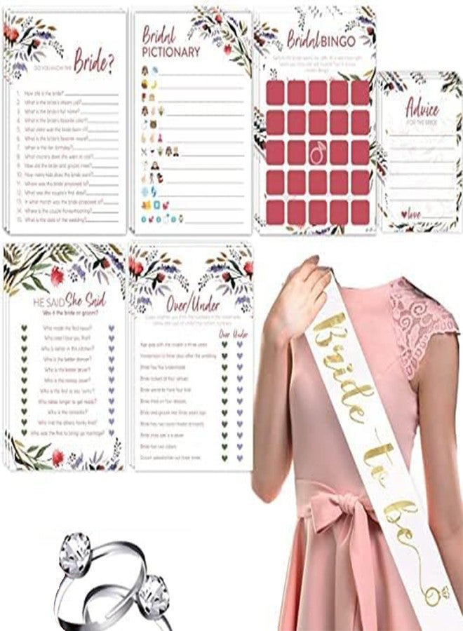 فافو ألعاب حفل توديع العزوبية بطابع الزهور - مجموعة من 6 قطع (50 بطاقة لكل مجموعة) مع وشاح للعروس و25 خاتم خطوبة فضي مرصع بالألماس قابل للتعديل، بالإضافة إلى نباتات خضراء. - Image 1