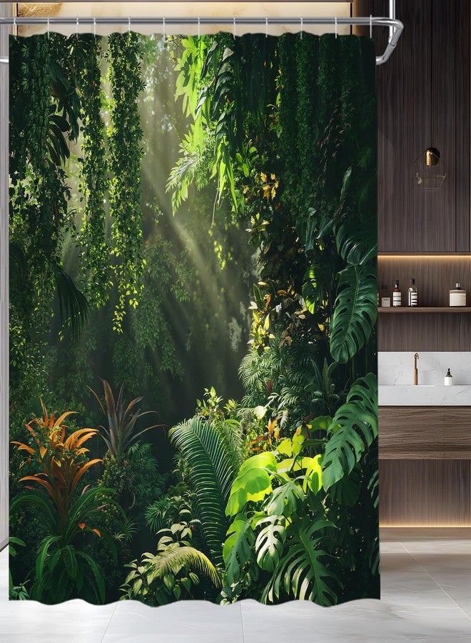 Rainforest Shower Curtain Tropical Jungle Green Plant Forest Palm Tree Nature Sunshine Spring Sunmmer Landscape Fabric Bathroom Curtain Set with Hooks - Image 4