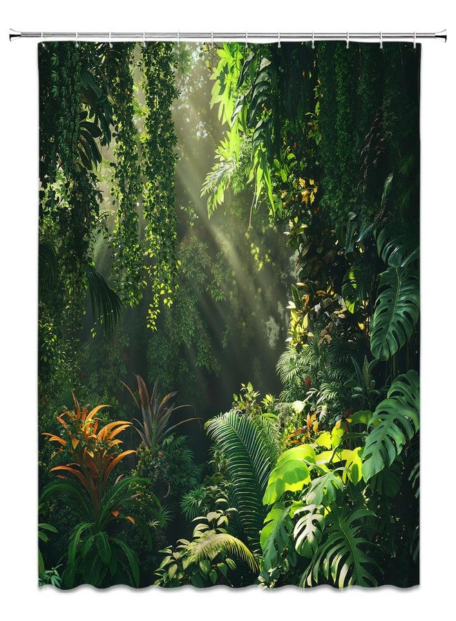 Rainforest Shower Curtain Tropical Jungle Green Plant Forest Palm Tree Nature Sunshine Spring Sunmmer Landscape Fabric Bathroom Curtain Set with Hooks - Image 3