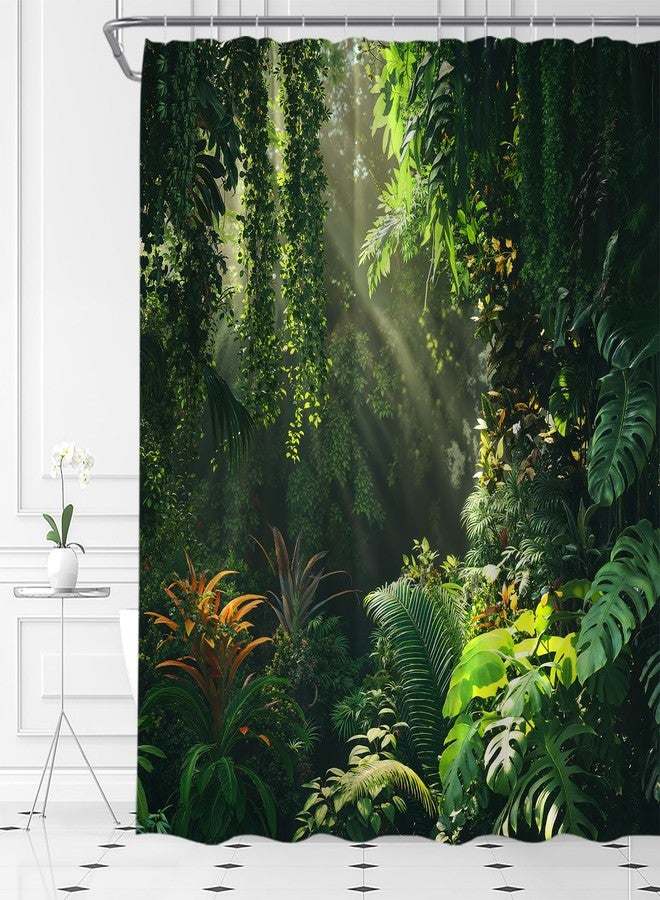 Rainforest Shower Curtain Tropical Jungle Green Plant Forest Palm Tree Nature Sunshine Spring Sunmmer Landscape Fabric Bathroom Curtain Set with Hooks - Image 1