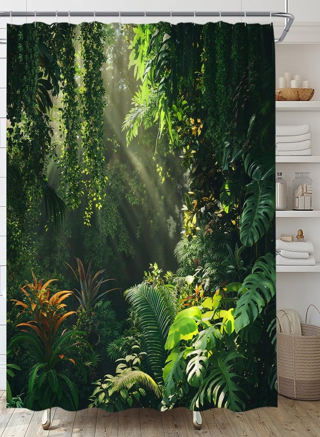Rainforest Shower Curtain Tropical Jungle Green Plant Forest Palm Tree Nature Sunshine Spring Sunmmer Landscape Fabric Bathroom Curtain Set with Hooks - Image 2