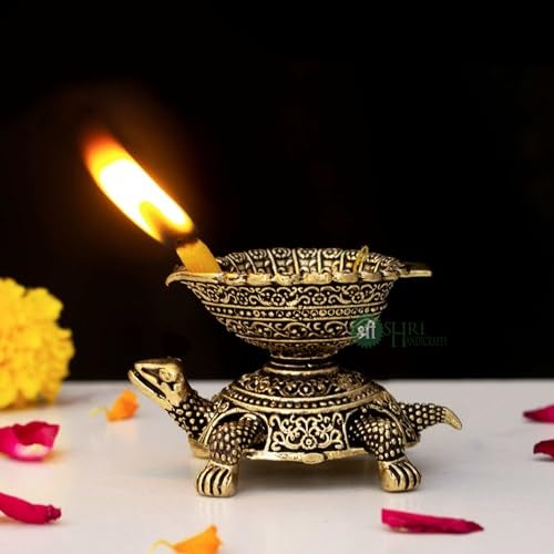 INDICAST Brass Brass Diya Oil Puja Lamp Dia with Tortoise Base Antique Finished Deepak for Home Temple Pooja Articles Decor Gifts (4x7x4 cms, 65gm) - Image 3