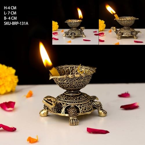 INDICAST Brass Brass Diya Oil Puja Lamp Dia with Tortoise Base Antique Finished Deepak for Home Temple Pooja Articles Decor Gifts (4x7x4 cms, 65gm) - Image 2