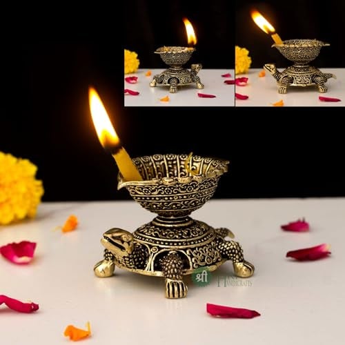 INDICAST Brass Brass Diya Oil Puja Lamp Dia with Tortoise Base Antique Finished Deepak for Home Temple Pooja Articles Decor Gifts (4x7x4 cms, 65gm) - Image 5