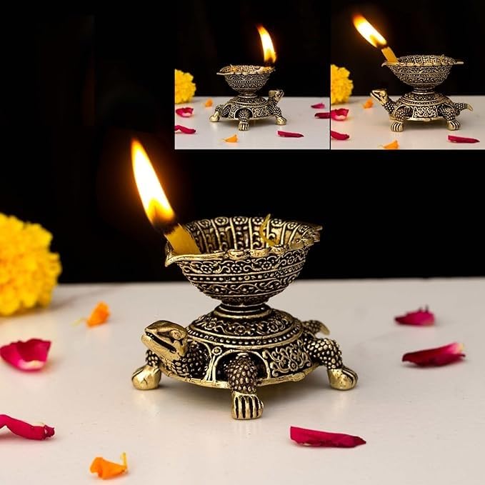 INDICAST Brass Brass Diya Oil Puja Lamp Dia with Tortoise Base Antique Finished Deepak for Home Temple Pooja Articles Decor Gifts (4x7x4 cms, 65gm) - Image 1