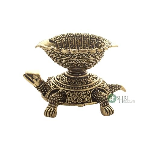 INDICAST Brass Brass Diya Oil Puja Lamp Dia with Tortoise Base Antique Finished Deepak for Home Temple Pooja Articles Decor Gifts (4x7x4 cms, 65gm) - Image 4