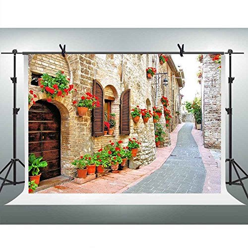 FHZON Italy Travel Photography Backdrop 7x5ft Famous European Street Buildings Wedding Photo Background Spring Flowers Stone Path Girls Studio Photo Potrait Background FH1348 - Image 1
