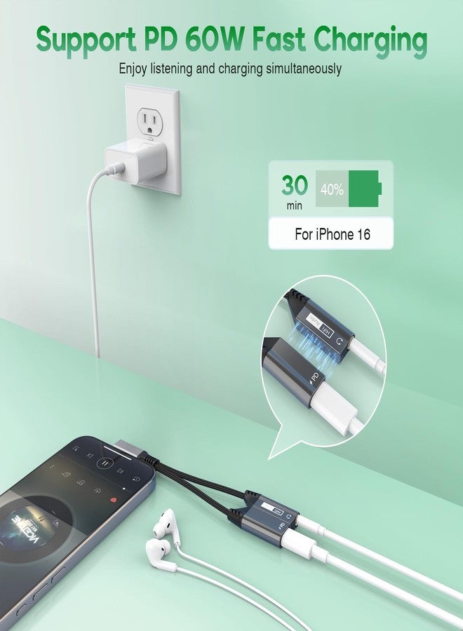 MTAKYI 2-in-1 Right Angle USB C to 3.5mm Audio Jack Headphone and Charge Magnetic Cable Adapter for iPhone 15/iPad,PD 60W Fast Charge Earphone Converter Splitter for iPhone 15 16/Samsung/Huawei/iPad Pro Air - Image 5