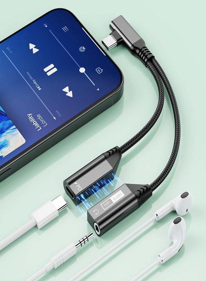 MTAKYI 2-in-1 Right Angle USB C to 3.5mm Audio Jack Headphone and Charge Magnetic Cable Adapter for iPhone 15/iPad,PD 60W Fast Charge Earphone Converter Splitter for iPhone 15 16/Samsung/Huawei/iPad Pro Air - Image 1