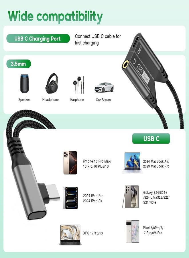 MTAKYI 2-in-1 Right Angle USB C to 3.5mm Audio Jack Headphone and Charge Magnetic Cable Adapter for iPhone 15/iPad,PD 60W Fast Charge Earphone Converter Splitter for iPhone 15 16/Samsung/Huawei/iPad Pro Air - Image 4