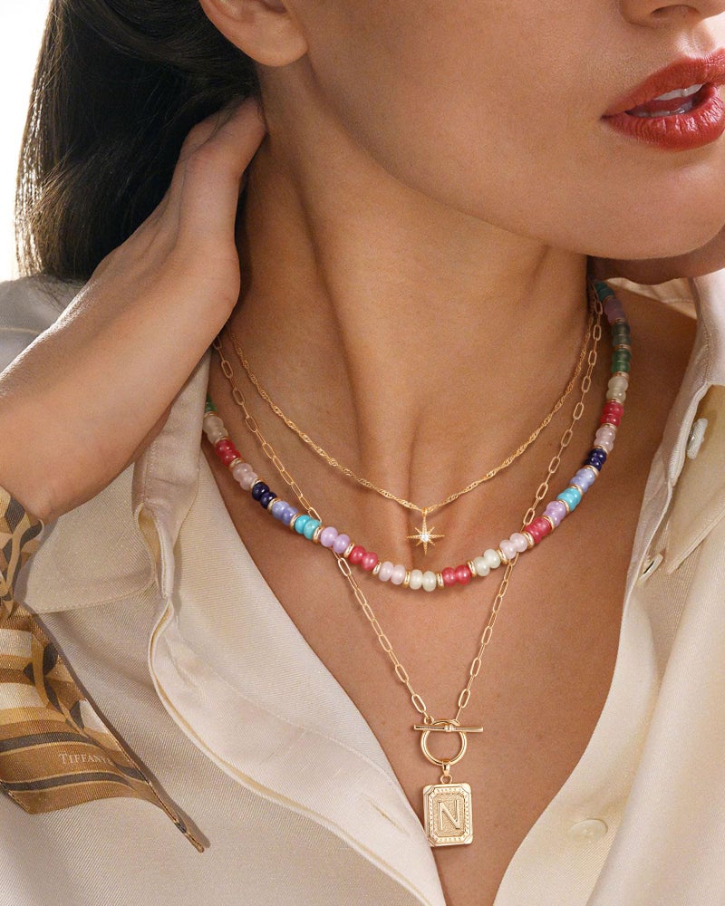 MJartoria Layered Initial Necklaces for Women Trendy, 14K Gold Plated Brass Simple Star Choker Square Letter Pendant Necklace, Colorful Beaded Necklaces Jewelry Gifts (N, Gold Plated) - Image 3
