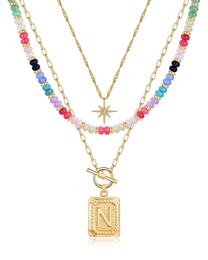 MJartoria Layered Initial Necklaces for Women Trendy, 14K Gold Plated Brass Simple Star Choker Square Letter Pendant Necklace, Colorful Beaded Necklaces Jewelry Gifts (N, Gold Plated) - Image 1