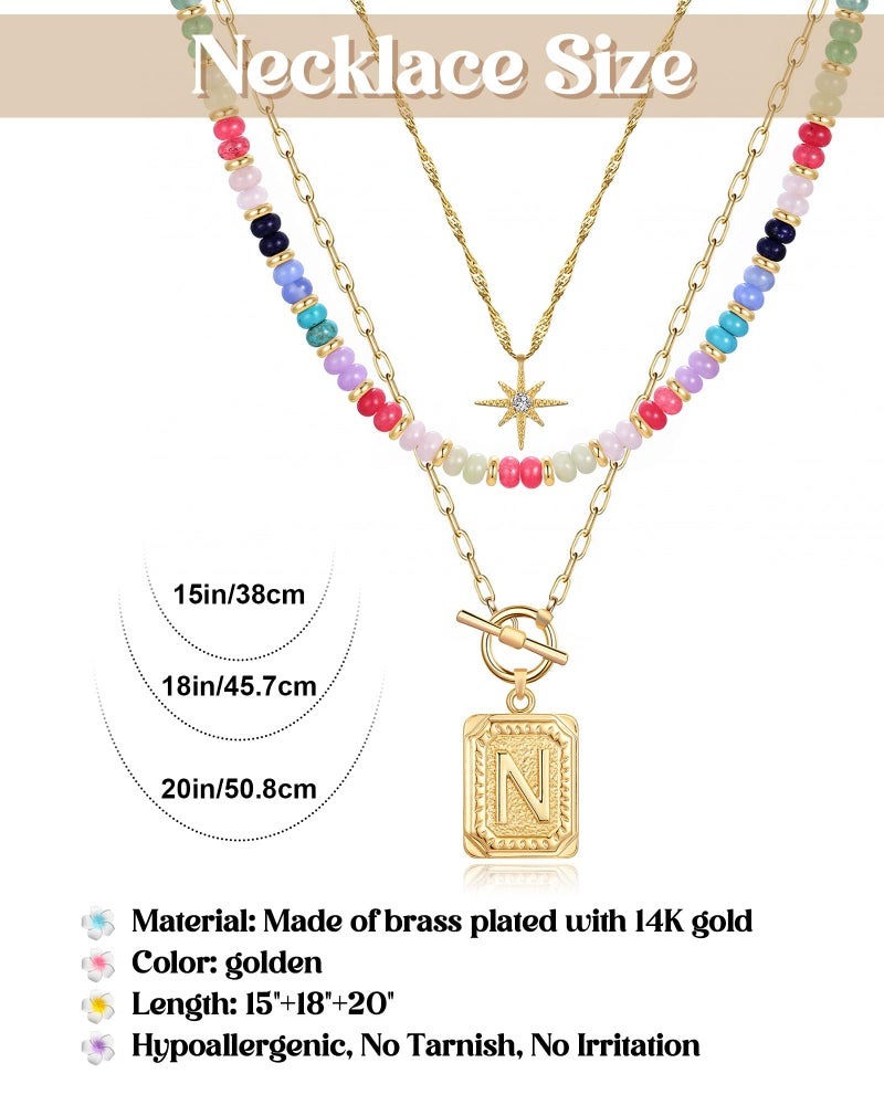 MJartoria Layered Initial Necklaces for Women Trendy, 14K Gold Plated Brass Simple Star Choker Square Letter Pendant Necklace, Colorful Beaded Necklaces Jewelry Gifts (N, Gold Plated) - Image 5