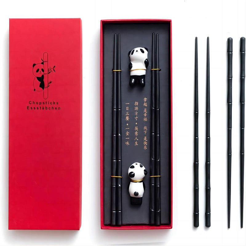 HauSun 2 Pairs Chopsticks and Chopstick Rest Gift Set Dishwasher Safe Reusable Fiber Glass Chopsticks  Porcelain Cute Panda Chopstick Holder NonSlip Chinese Japanese Style Chopstick Set Black