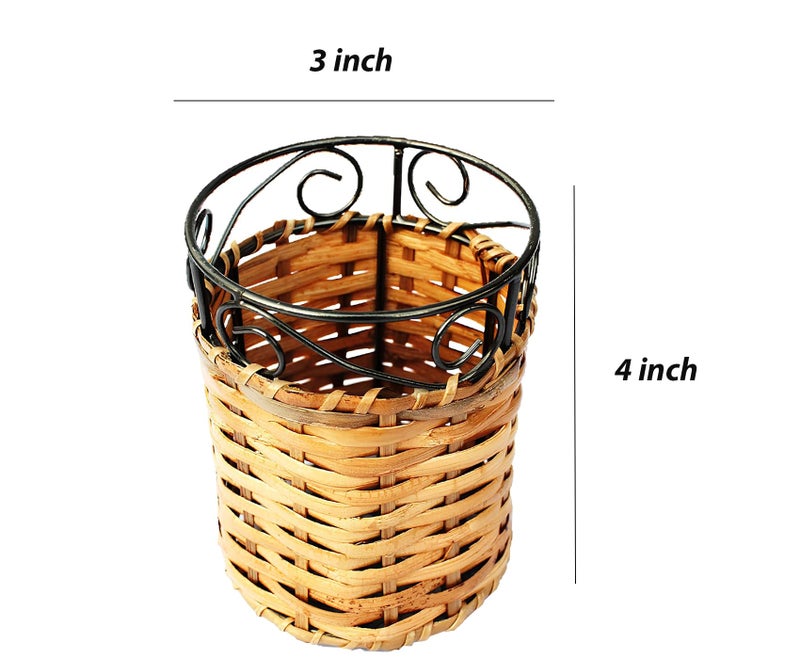 AKWAY Round Wooden Cutlery Holder | Cane Bamboo Cutlery Holder | Multipurpose | Spoon Stand | 3 L x 3 W x 4 H inches - Image 4