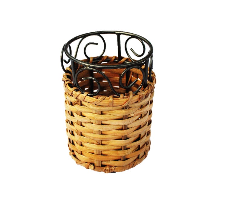 AKWAY Round Wooden Cutlery Holder | Cane Bamboo Cutlery Holder | Multipurpose | Spoon Stand | 3 L x 3 W x 4 H inches - Image 3
