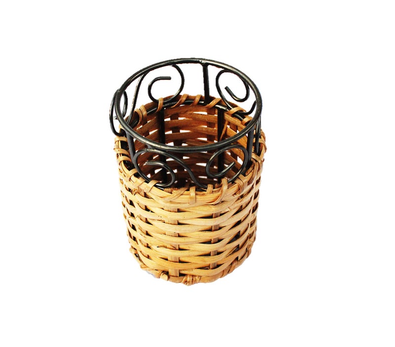 AKWAY Round Wooden Cutlery Holder | Cane Bamboo Cutlery Holder | Multipurpose | Spoon Stand | 3 L x 3 W x 4 H inches - Image 5