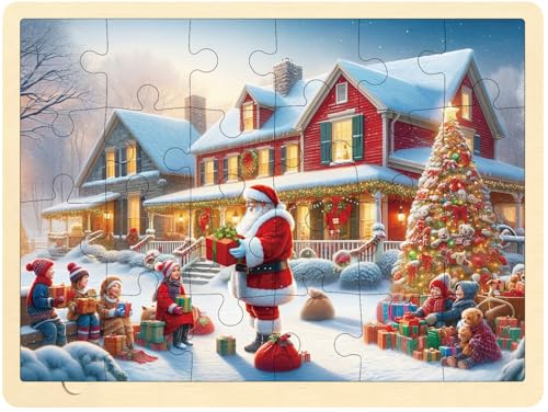 MoinKidz 24 Piece Puzzles for Kids Ages 35 Wooden Christmas Puzzle for 3 Year Old Santa Jigsaw Puzzles with Tray - Image 1