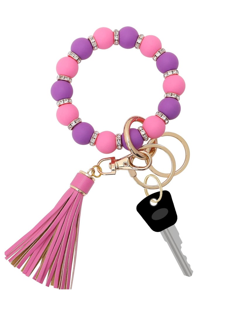 SYOSI سلسلة مفاتيح سيلكون مع سوار، سوار للنساء مع سلسلة مفاتيح خرز مرنة من الجلد مع شراشيب، سوار للنساء - Image 1