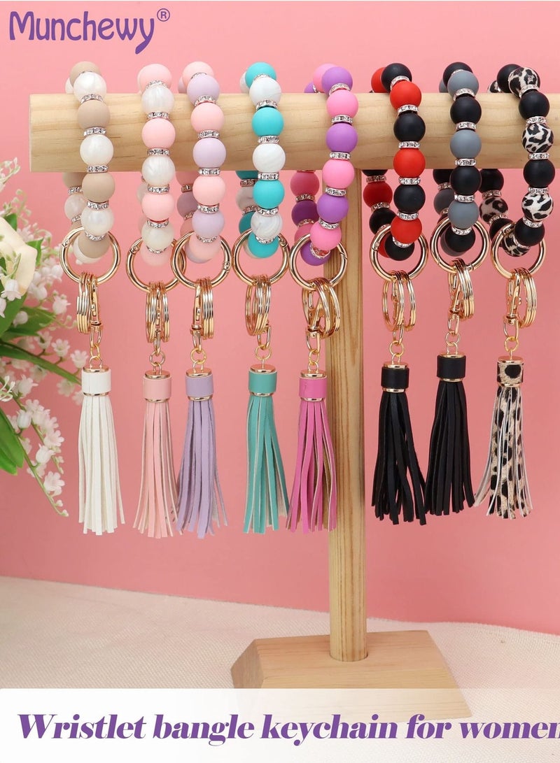 SYOSI سلسلة مفاتيح سيلكون مع سوار، سوار للنساء مع سلسلة مفاتيح خرز مرنة من الجلد مع شراشيب، سوار للنساء - Image 2