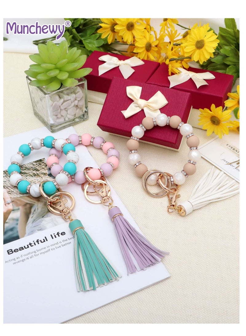 SYOSI سلسلة مفاتيح سيلكون مع سوار، سوار للنساء مع سلسلة مفاتيح خرز مرنة من الجلد مع شراشيب، سوار للنساء - Image 3