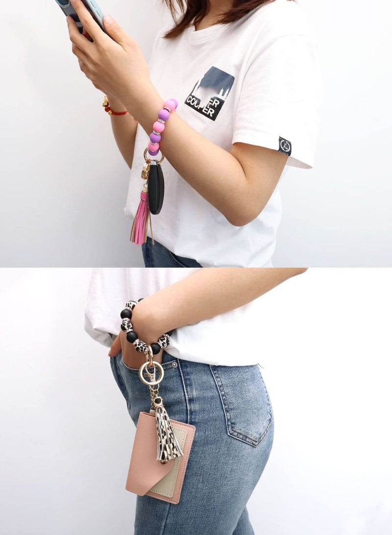 SYOSI سلسلة مفاتيح سيلكون مع سوار، سوار للنساء مع سلسلة مفاتيح خرز مرنة من الجلد مع شراشيب، سوار للنساء - Image 5