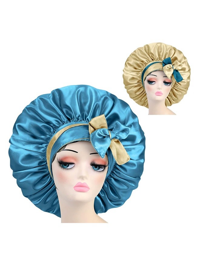 غطاء شعر مصنوع من الحرير اللامع مع شريط حرير، غطاء شعر كفيف مزدوج، غطاء ليلي قابل للضبط مزدوج الطبقة قابل للعكس، غطاء شعر كبير الحجم (أزرق وأصفر) - Image 1