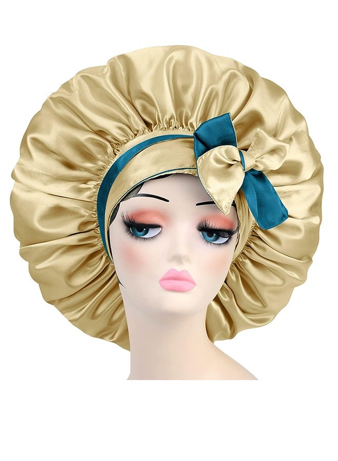 غطاء شعر مصنوع من الحرير اللامع مع شريط حرير، غطاء شعر كفيف مزدوج، غطاء ليلي قابل للضبط مزدوج الطبقة قابل للعكس، غطاء شعر كبير الحجم (أزرق وأصفر) - Image 5