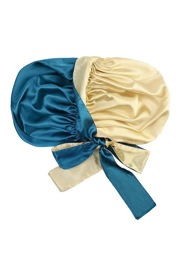 غطاء شعر مصنوع من الحرير اللامع مع شريط حرير، غطاء شعر كفيف مزدوج، غطاء ليلي قابل للضبط مزدوج الطبقة قابل للعكس، غطاء شعر كبير الحجم (أزرق وأصفر) - Image 2