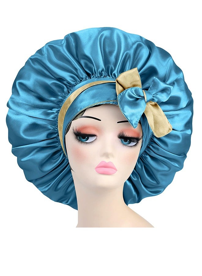 غطاء شعر مصنوع من الحرير اللامع مع شريط حرير، غطاء شعر كفيف مزدوج، غطاء ليلي قابل للضبط مزدوج الطبقة قابل للعكس، غطاء شعر كبير الحجم (أزرق وأصفر) - Image 4