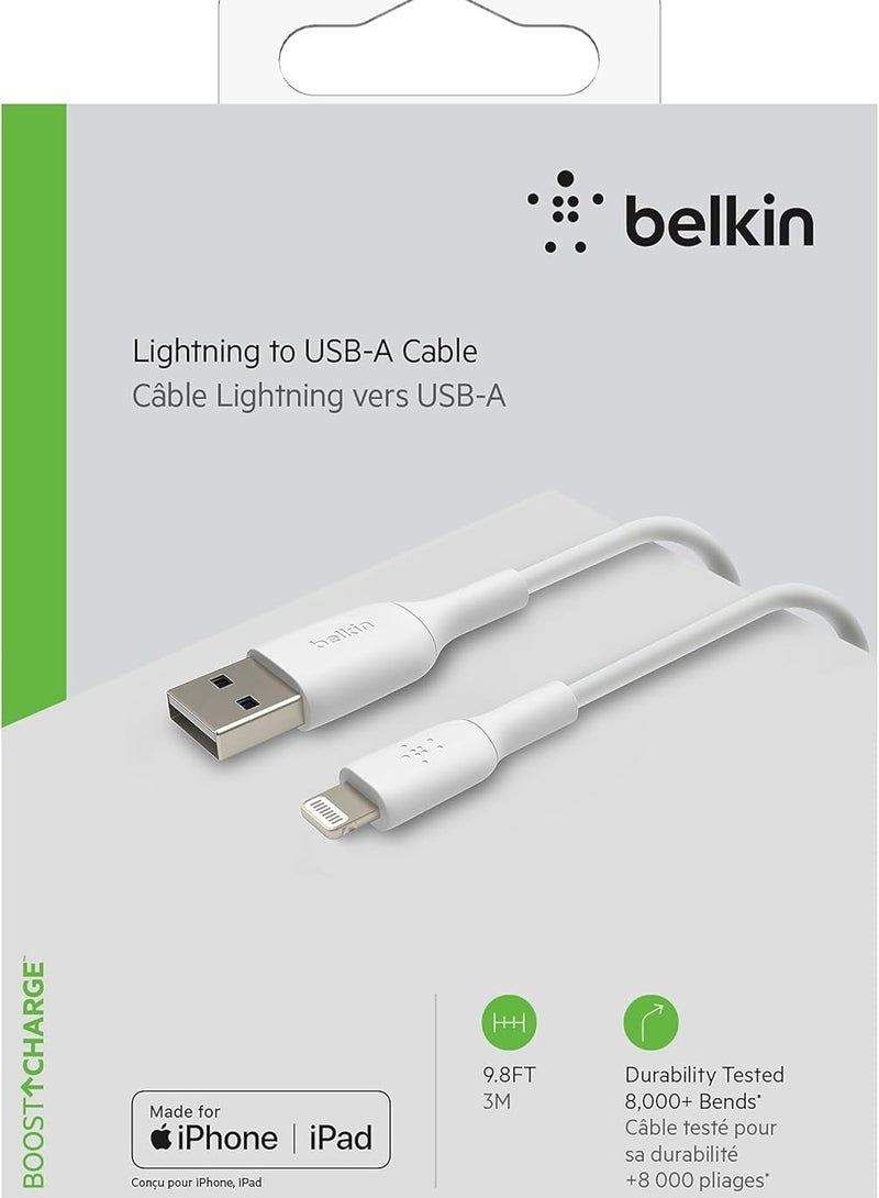 Belking Belkin lightning cable (boost charge lightning to usb cable for iphone, ipad, airpods) mfi-certified iphone charging cable (white, 3m) - Image 2