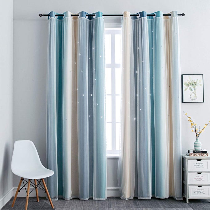 OMBRE RAINBOW BLACKOUT CURTAINS FOR KID GIRLS BEDROOM LIVING ROOM DARKING STRIPE DOUBLE LAYER STAR CUT OUT WALL HOME DECOR GRADIENT GROMMET WINDOW CURTAINS BLUEYELLOW 52W X 63L